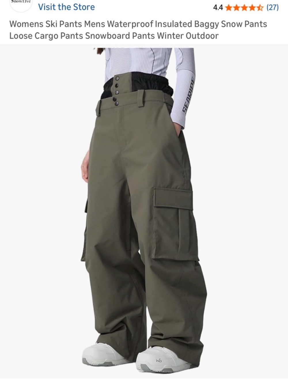 Baggy Cargo Snow Pants for Women - Olive Green Snowboarding